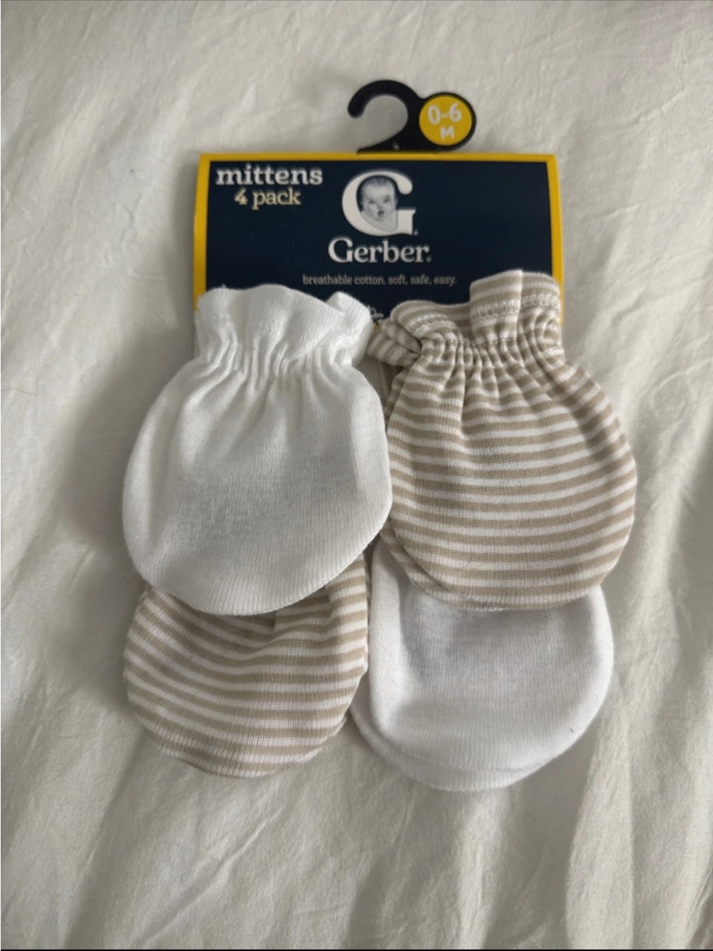 Gerber Baby Mittens 4-Pack - White & Beige Stripes
